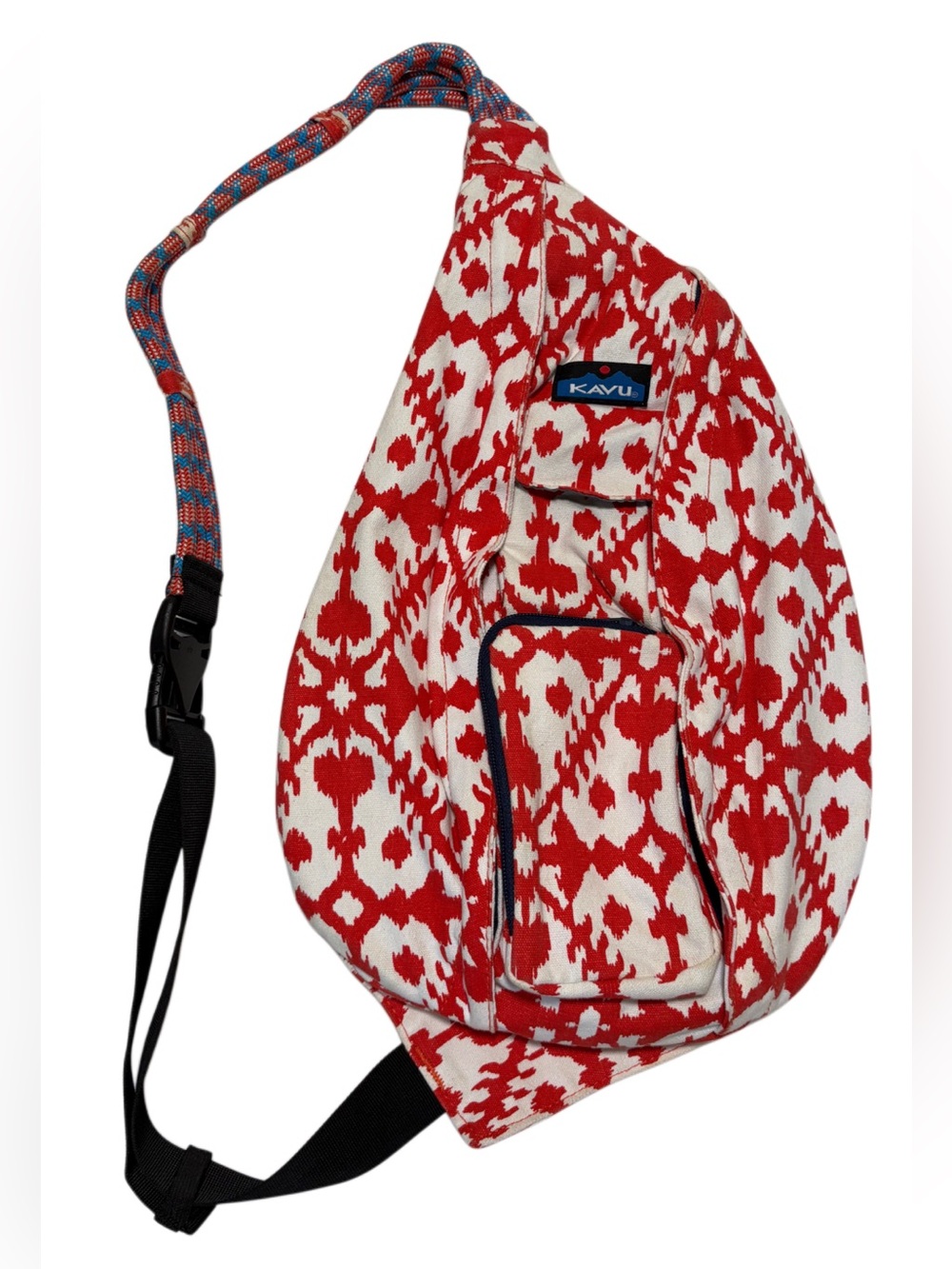 Kavu Rope Sling Backpack Four Pocket Red White Ikat Print
